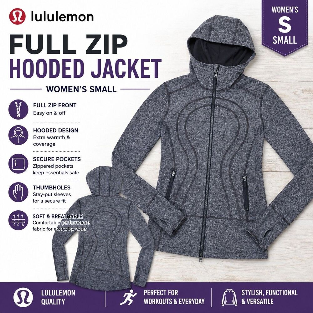 Lululemon  Scuba Women's Small Gray Full Zip Hooded Jacket Thumbholes Pockets